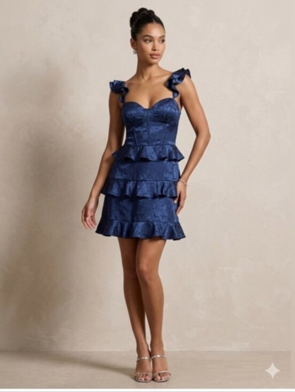 B. Darlin Navy Blue Jacquard Ruffle Corset Bodycon Mini Dress 15/16 Party